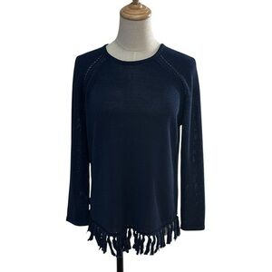J. McLaughlin Open Knit Tassel Trim Hem Top Sz. M‎ Beachy Boho Semi Sheer